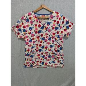 Dickies Scrub Top Women's Medium White Cute Animal All Over Print‎ V-Neck